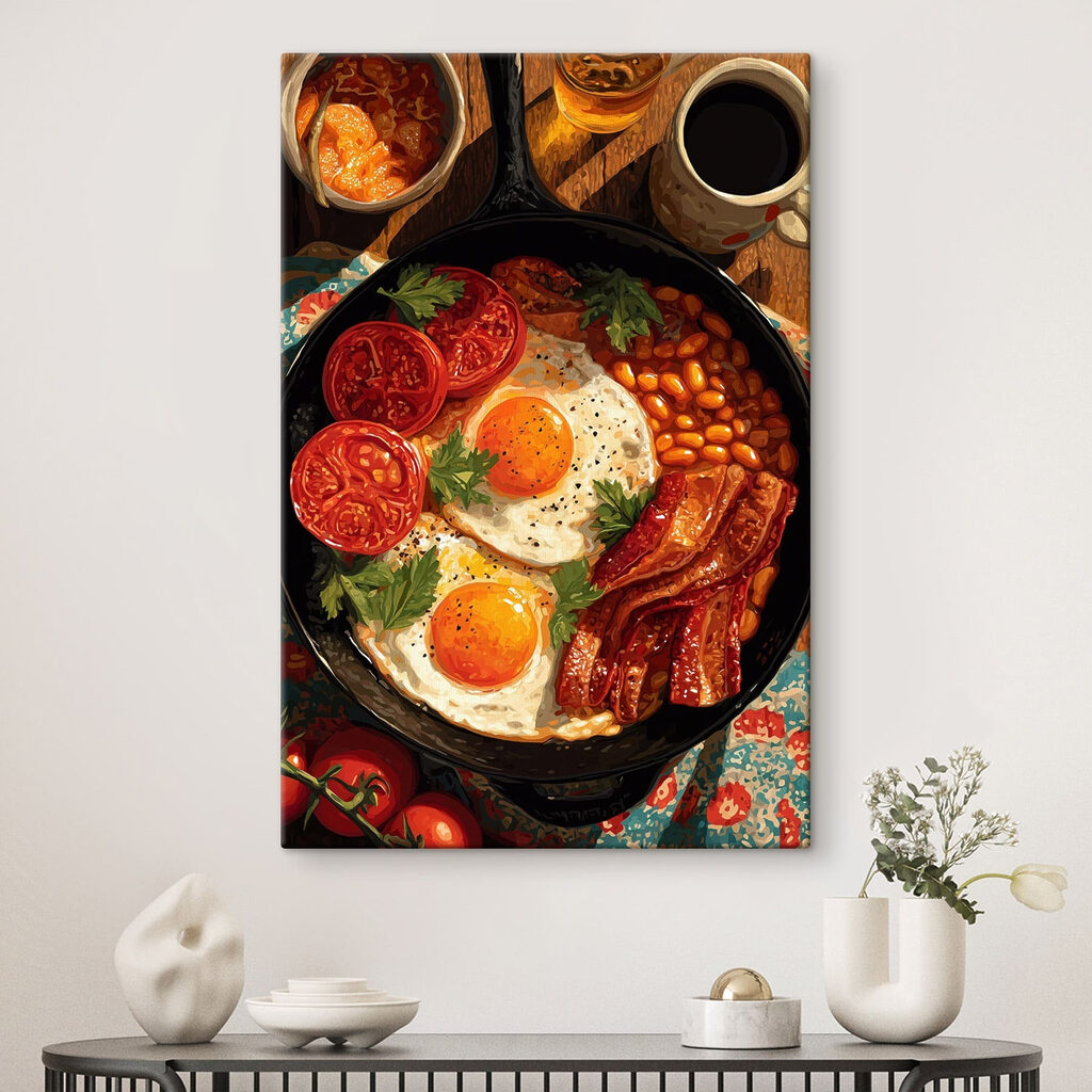 Pan of food with eggs bacon beans and tomatoes Pan of food with eggs bacon beans and tomatoes