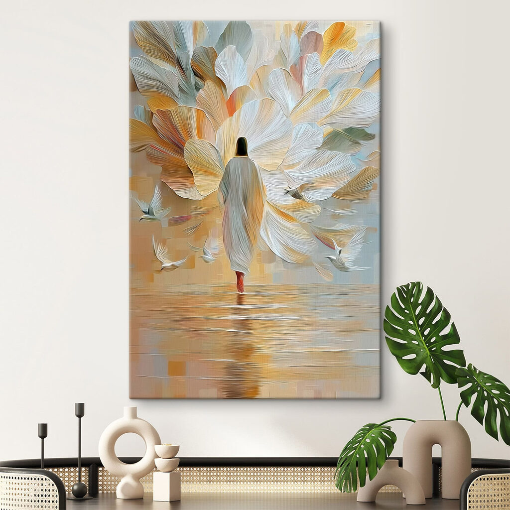 Person walking in the water with birds flying around Person walking in the water with birds flying around