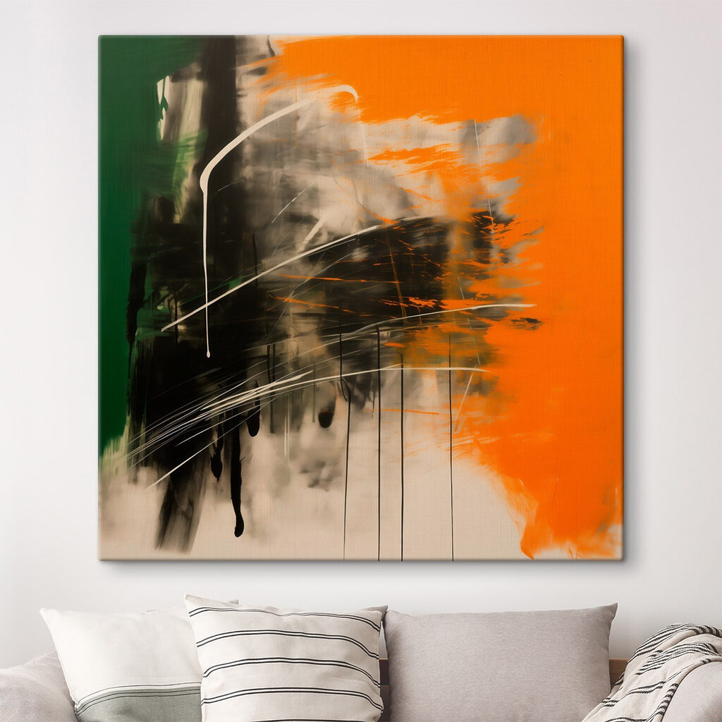 Painting of a green orange and black color Painting of a green orange and black color