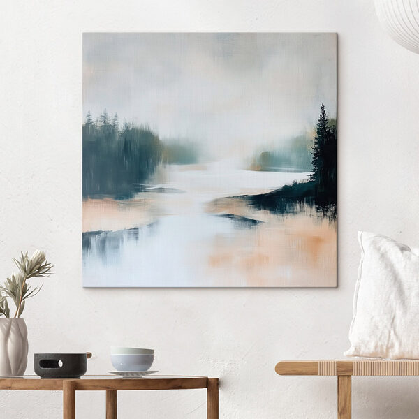 Painting of a river with trees and fog Painting of a river with trees and fog