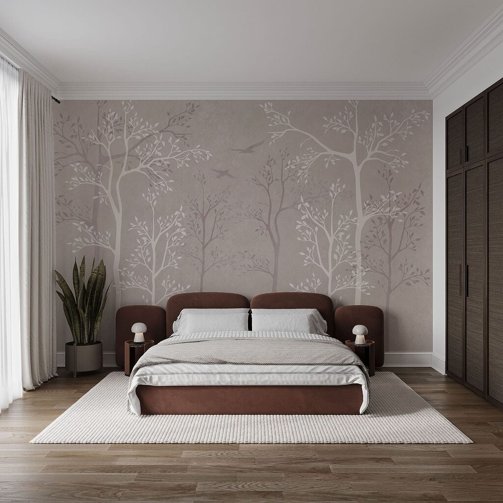 Papier peint avec des arbres et des oiseaux