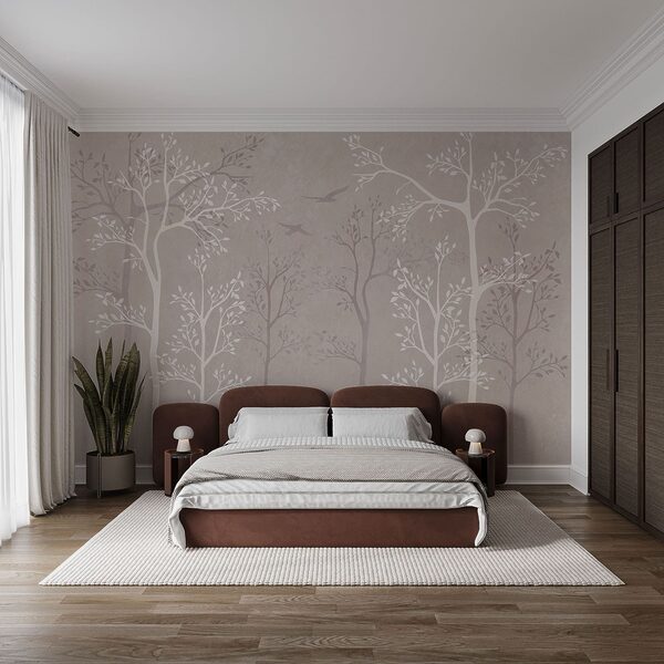 Papier peint avec des arbres et des oiseaux