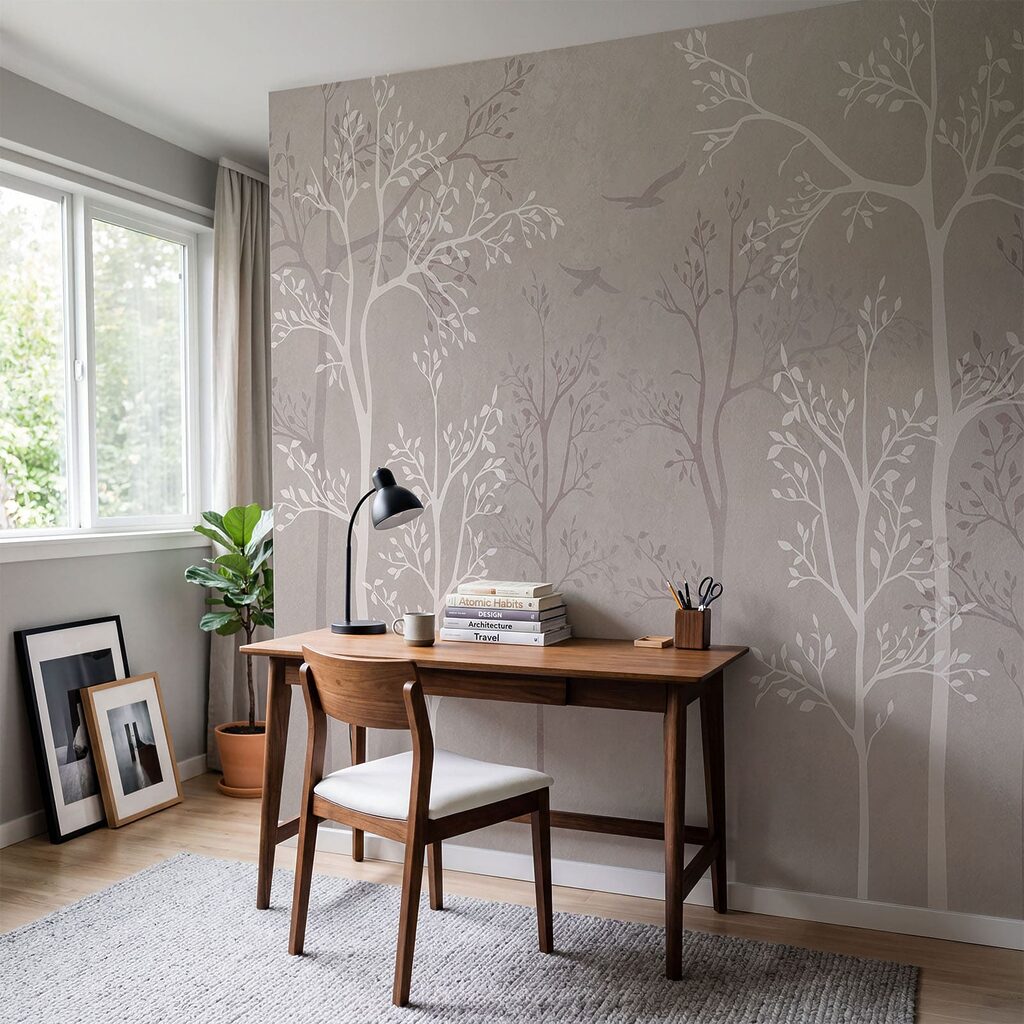 Papier peint avec des arbres et des oiseaux