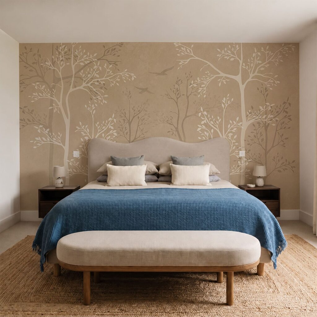 Papier peint avec des arbres et des oiseaux