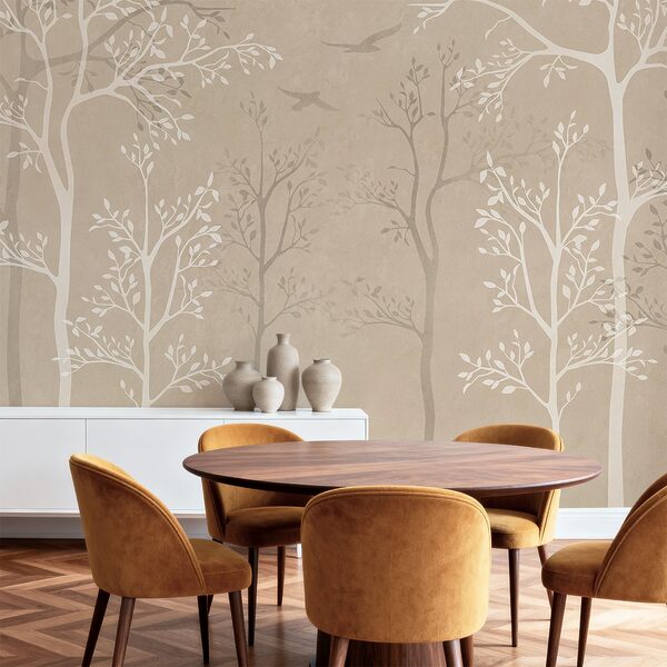 Papier peint avec des arbres et des oiseaux
