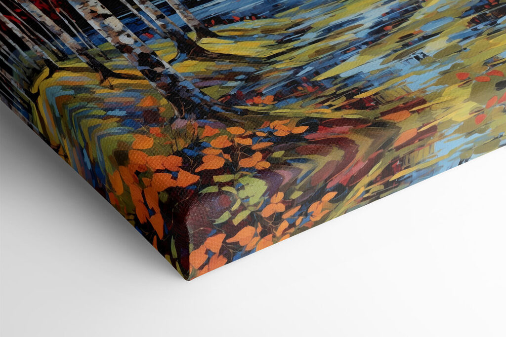 Painting of a river with trees and leaves Painting of a river with trees and leaves