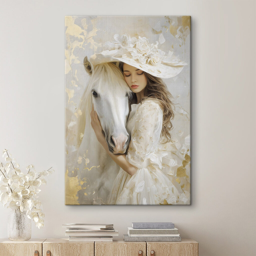 Woman in a white dress and hat hugging a horse
