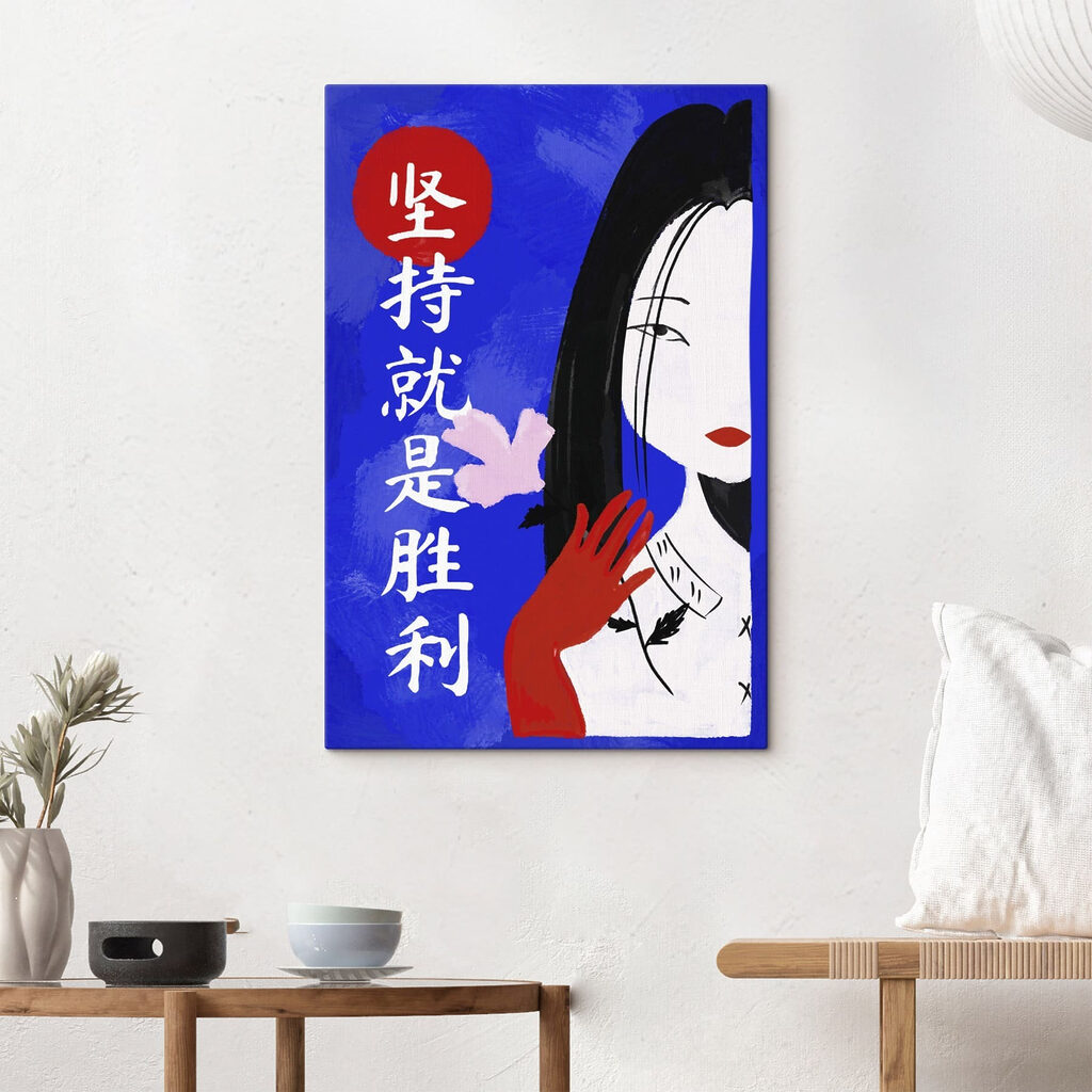 Painting of a woman with long black hair and red gloves