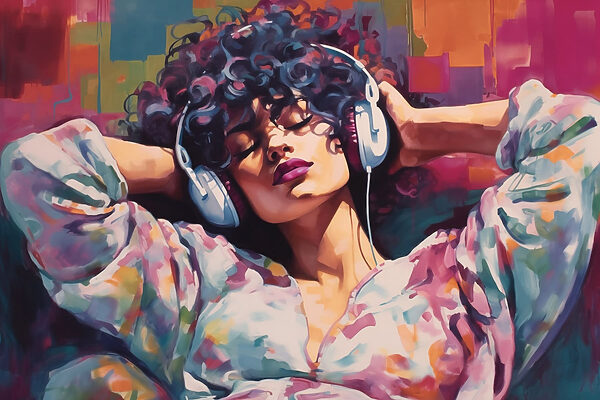 Woman lying down with headphones on her head Woman lying down with headphones on her head