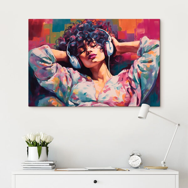 Woman lying down with headphones on her head Woman lying down with headphones on her head