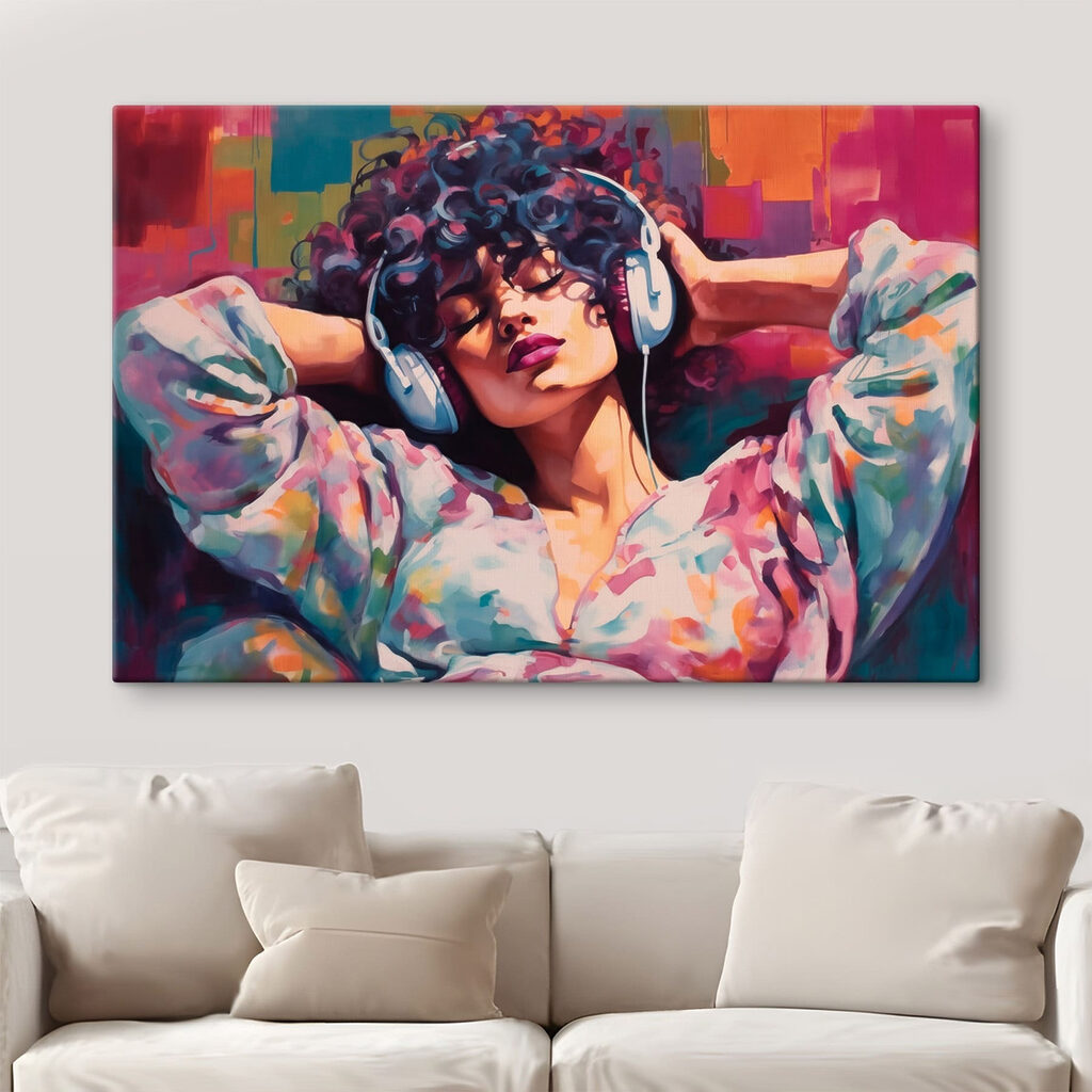 Woman lying down with headphones on her head Woman lying down with headphones on her head