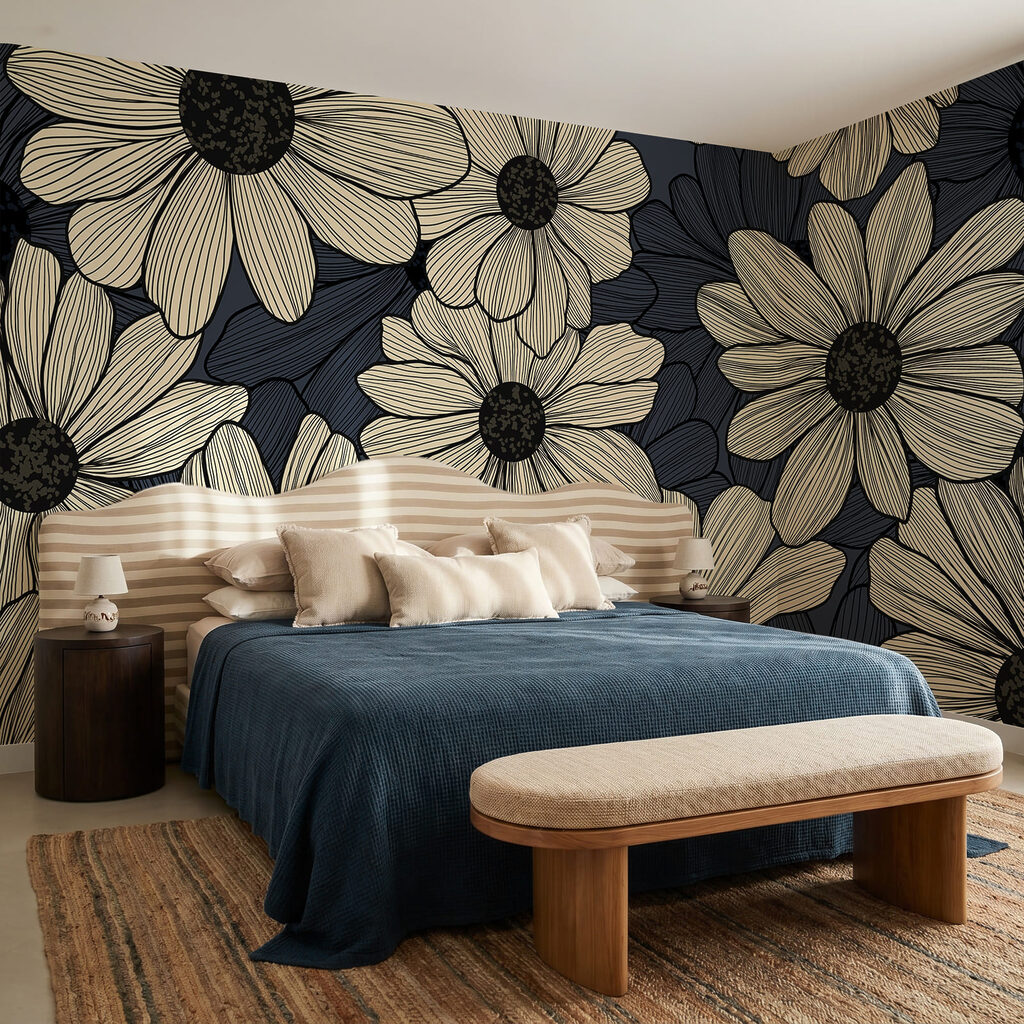 Composition florale sur fond bleu