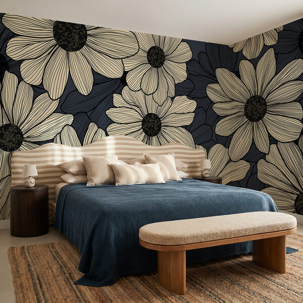 Composition florale sur fond bleu