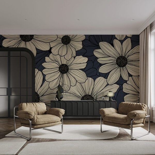 Composition florale sur fond bleu
