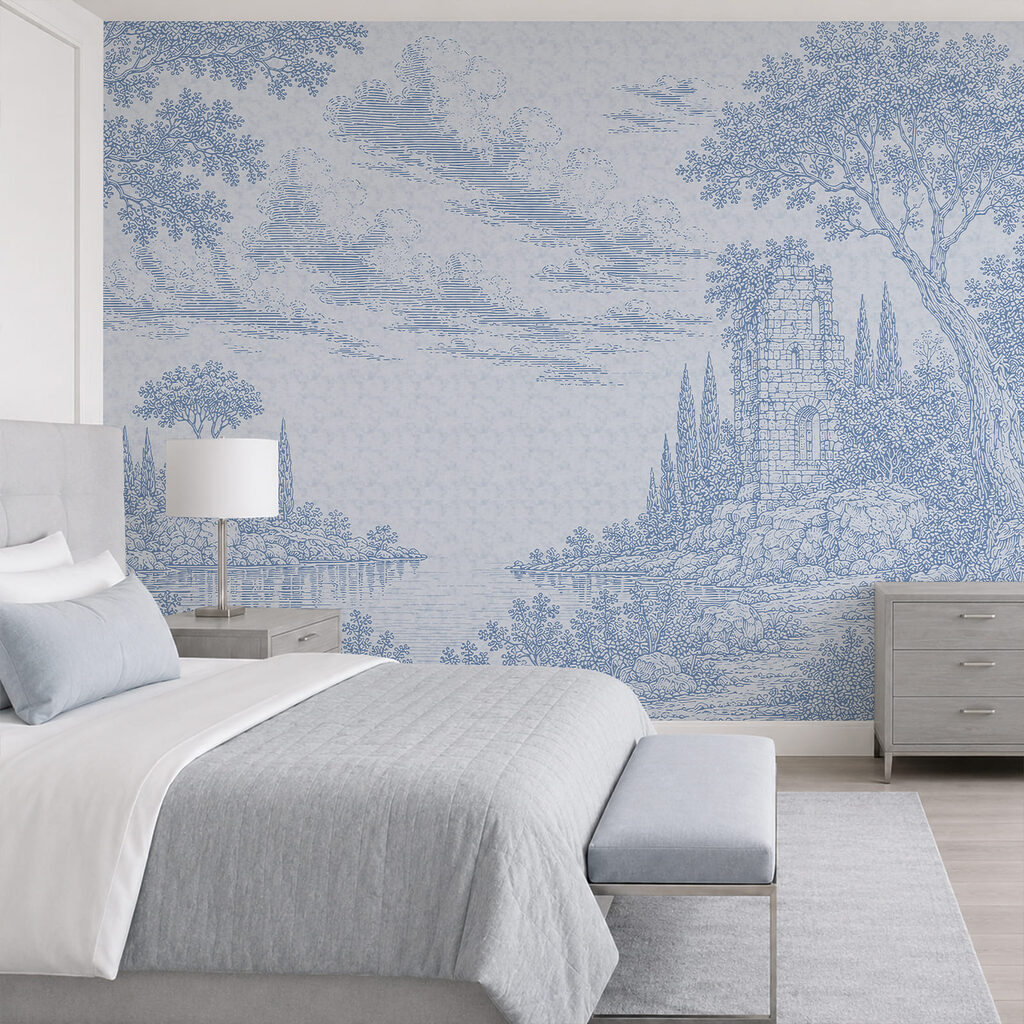 Dessin en bleu et blanc représentant un lac et des arbres Dessin en bleu et blanc représentant un lac et des arbres