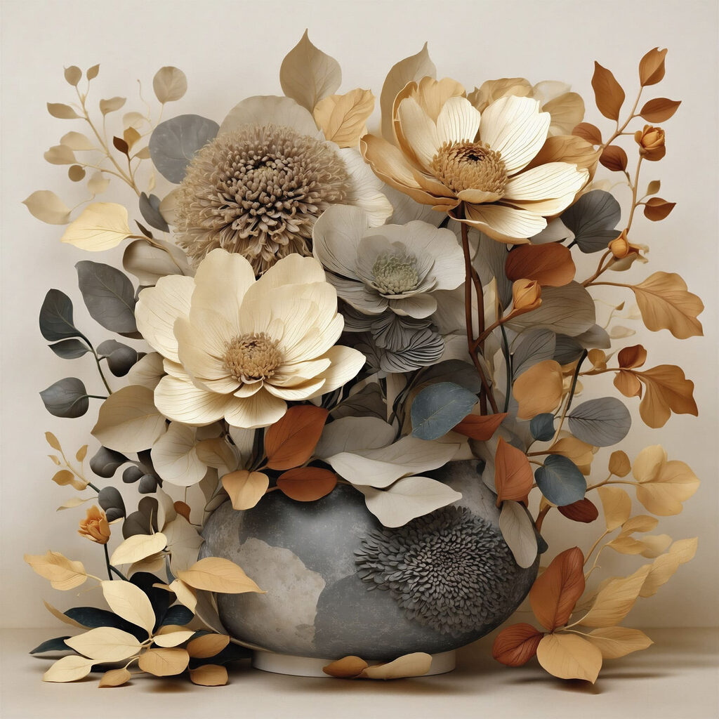 Vase with flowers and leaves