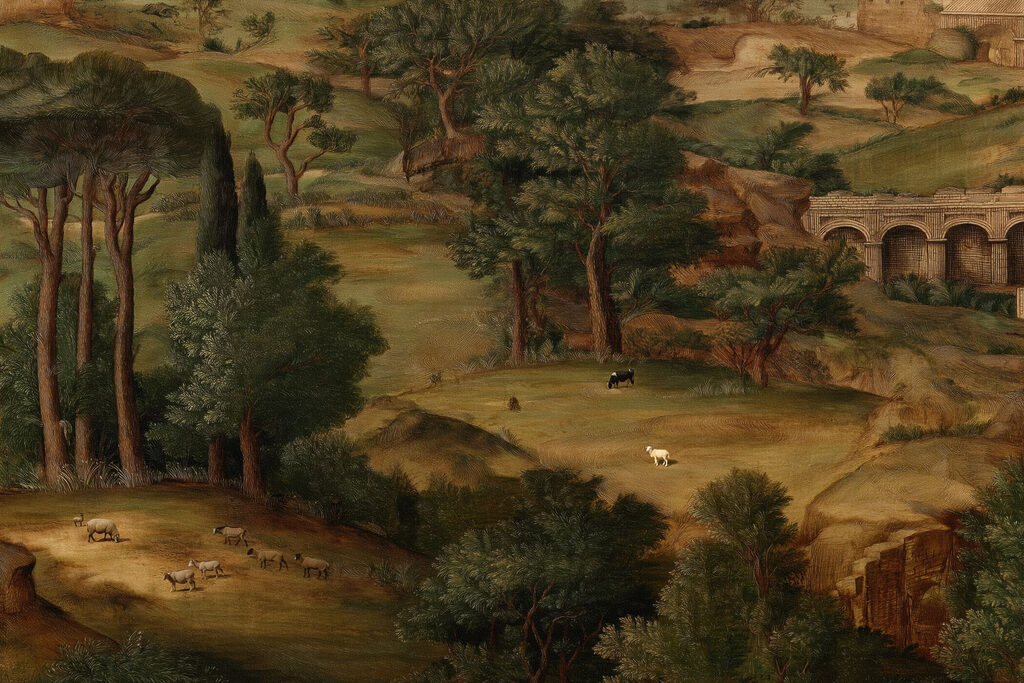 Painting of a landscape with trees and animals Painting of a landscape with trees and animals