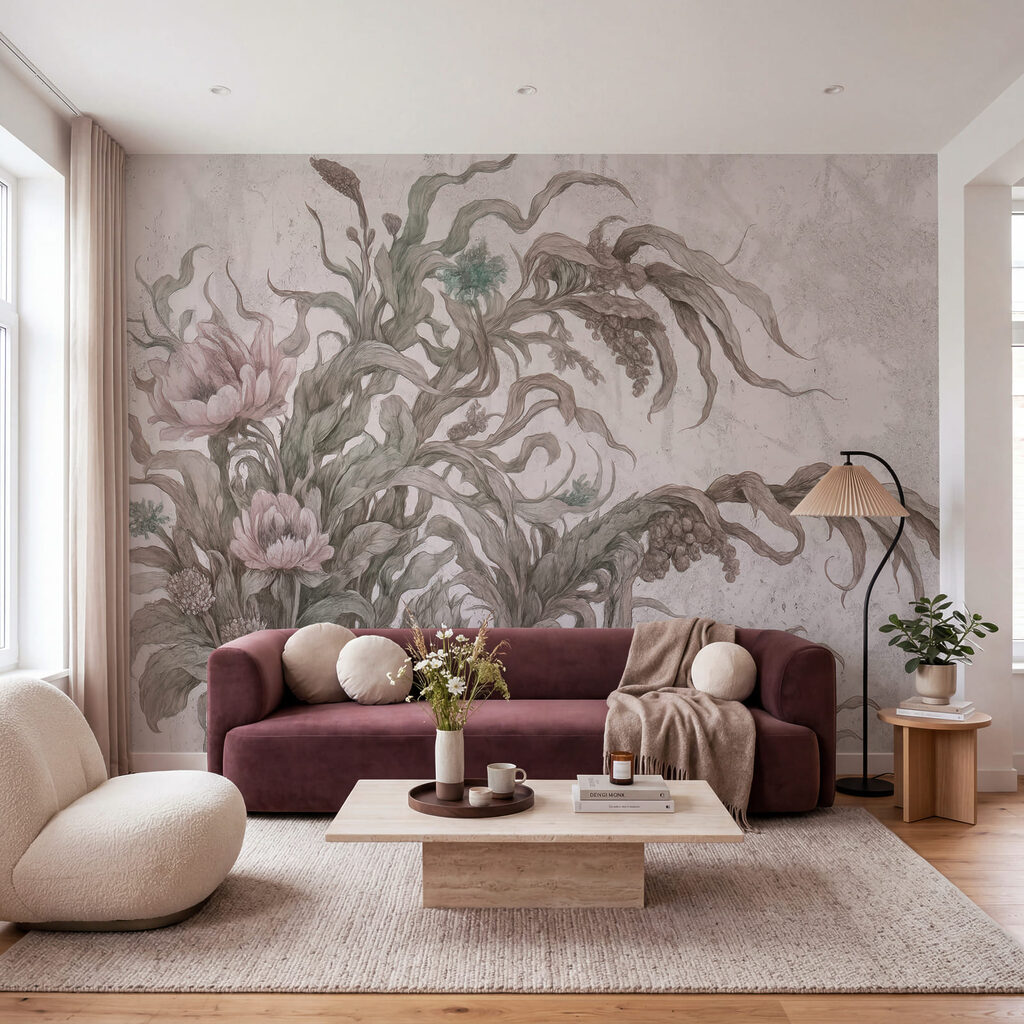 Peinture représentant des fleurs et des feuilles