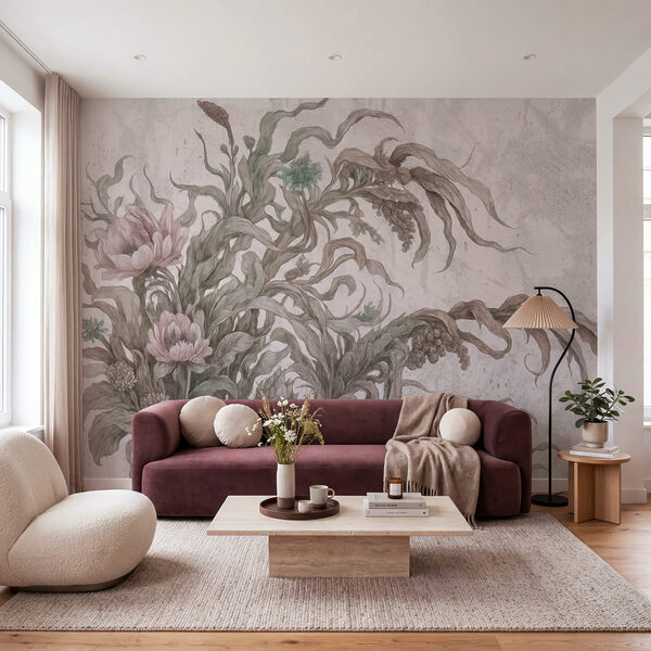 Peinture représentant des fleurs et des feuilles