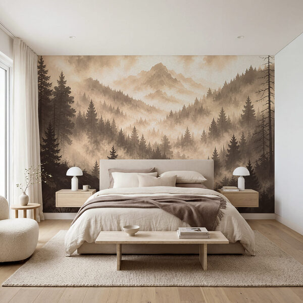 Paysage de montagne brumeux avec des arbres et une rivière
