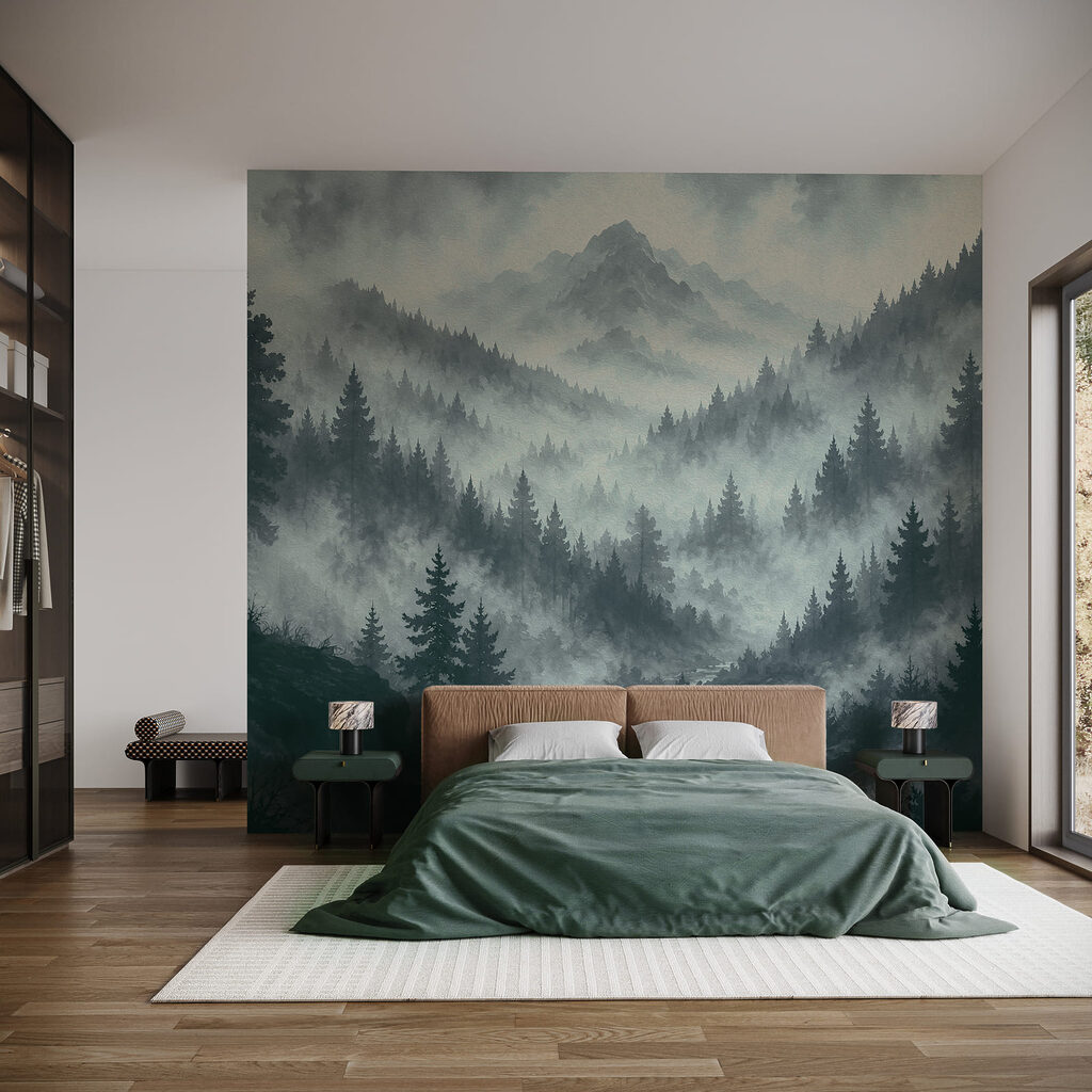 Paysage de montagne brumeux avec des arbres et une rivière Paysage de montagne brumeux avec des arbres et une rivière