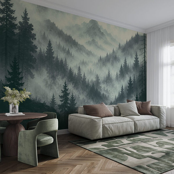 Paysage de montagne brumeux avec des arbres et une rivière Paysage de montagne brumeux avec des arbres et une rivière