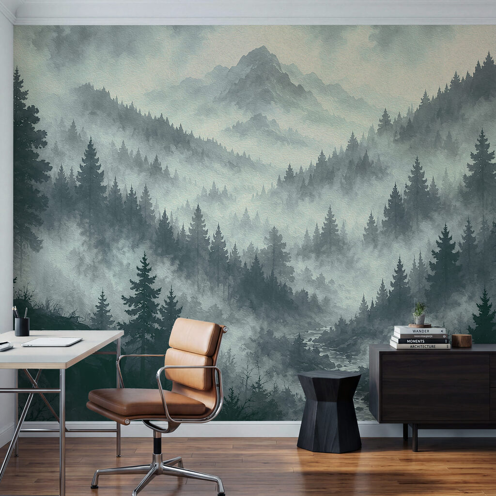 Paysage de montagne brumeux avec des arbres et une rivière Paysage de montagne brumeux avec des arbres et une rivière