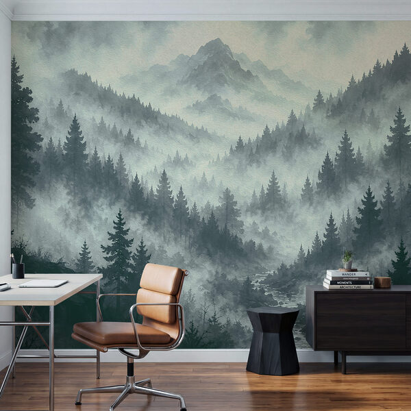 Paysage de montagne brumeux avec des arbres et une rivière Paysage de montagne brumeux avec des arbres et une rivière