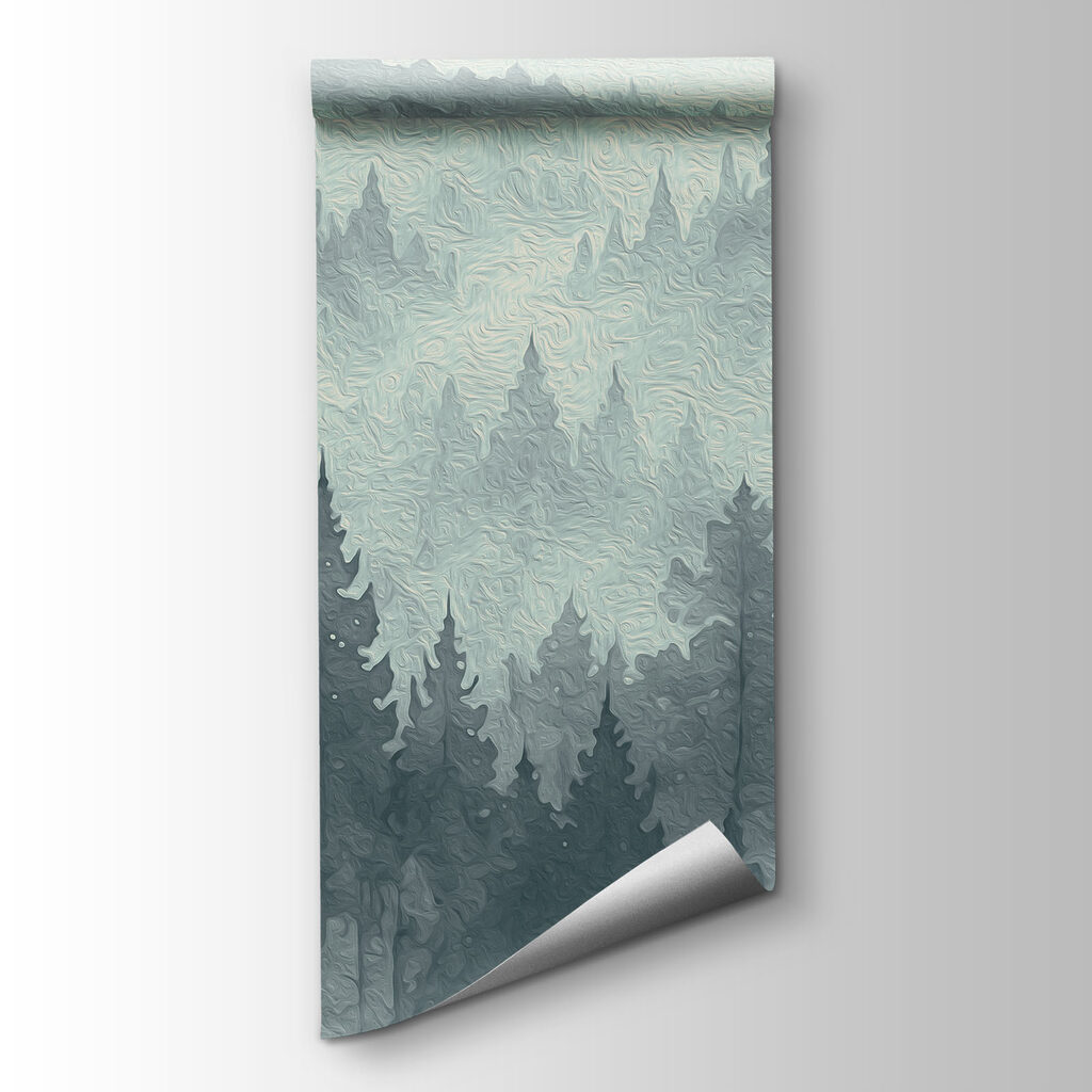 Foggy mountain landscape with trees and a river Foggy mountain landscape with trees and a river