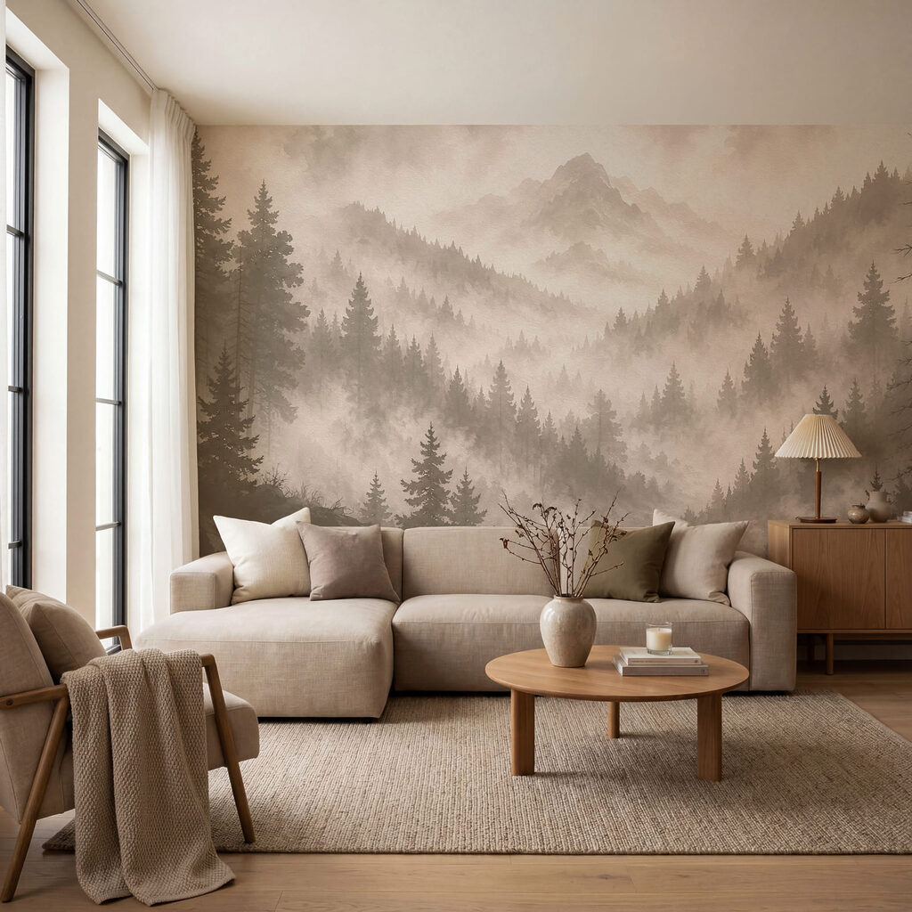 Paysage de montagne brumeux avec des arbres et une rivière Paysage de montagne brumeux avec des arbres et une rivière