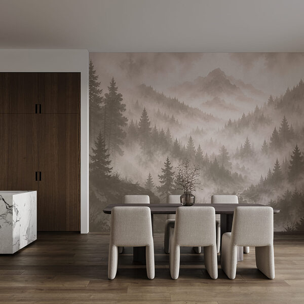 Paysage de montagne brumeux avec des arbres et une rivière Paysage de montagne brumeux avec des arbres et une rivière