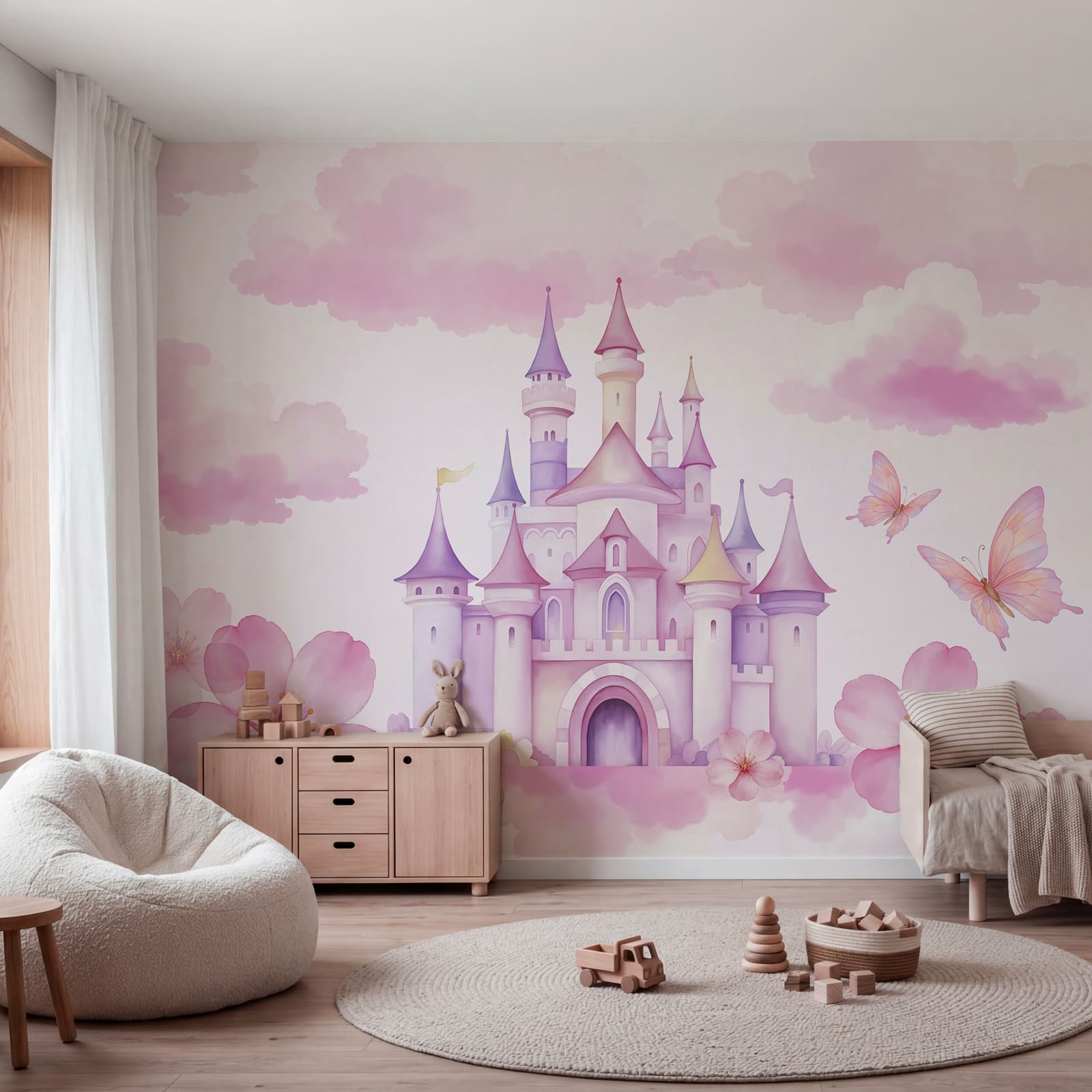 Château rose avec des papillons et des nuages roses Château rose avec des papillons et des nuages roses