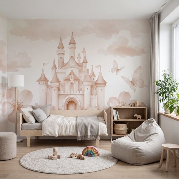 Château rose avec des papillons et des fleurs Château rose avec des papillons et des fleurs
