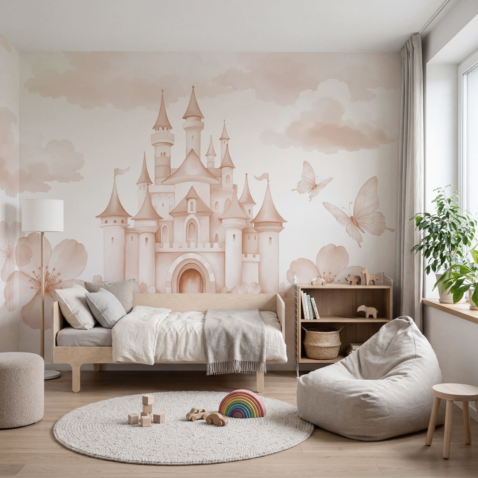 Château rose avec des papillons et des fleurs Château rose avec des papillons et des fleurs