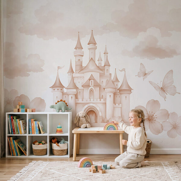Château rose avec des papillons et des fleurs Château rose avec des papillons et des fleurs