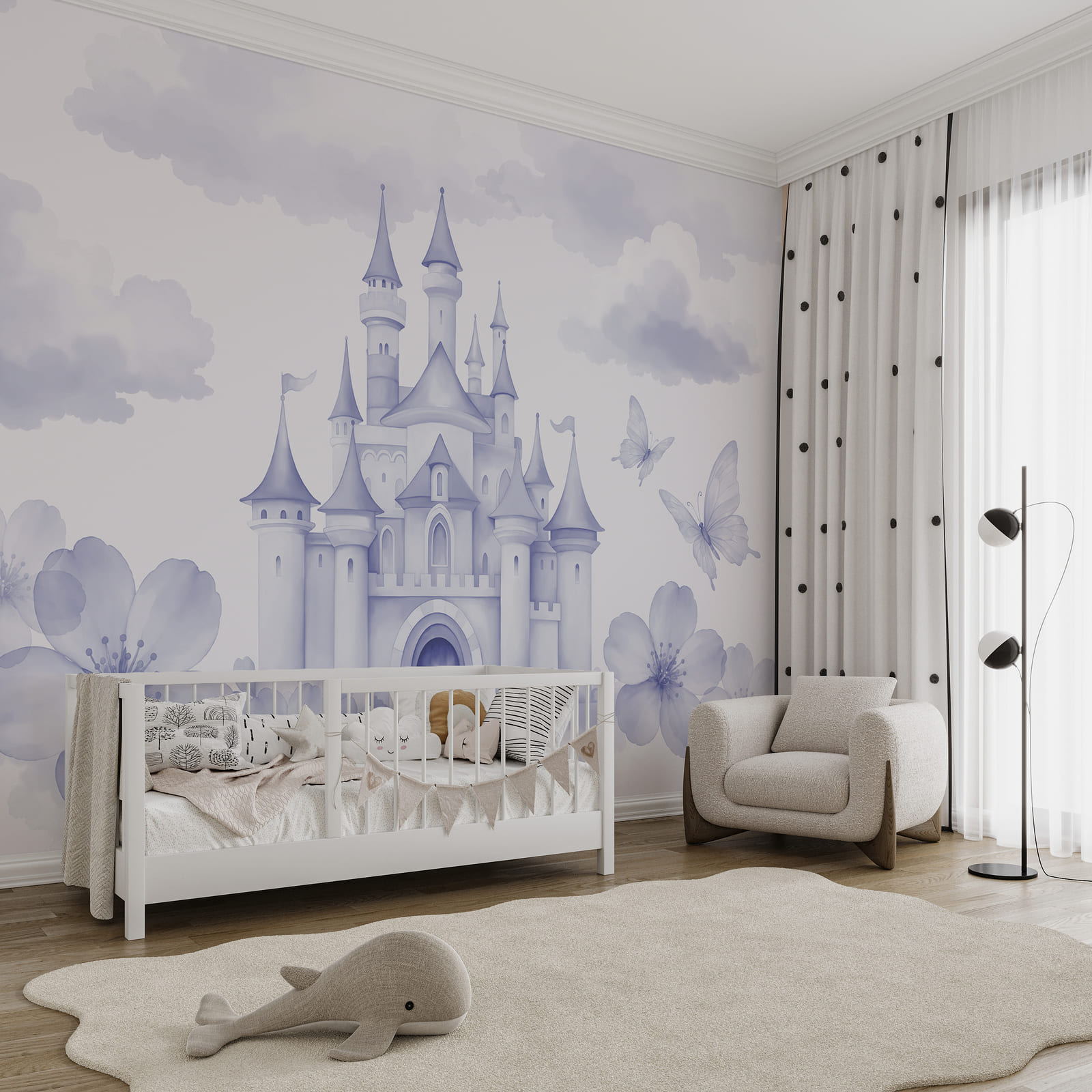 Château avec des papillons et des fleurs Château avec des papillons et des fleurs