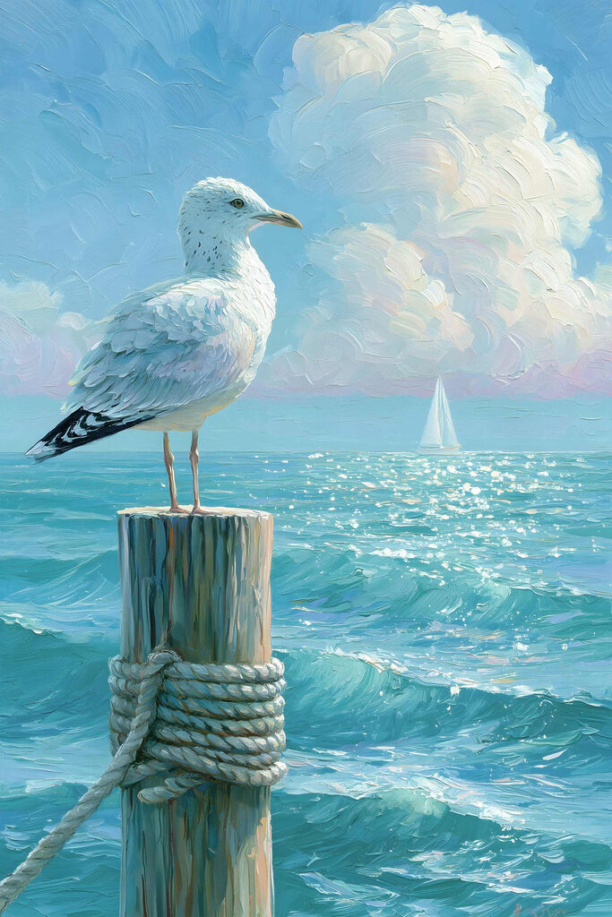 Bird standing on a post in front of a sailboat Bird standing on a post in front of a sailboat