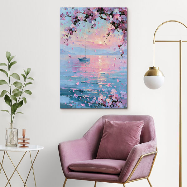 Painting of a sailboat on a calm body of water with pink flowers
