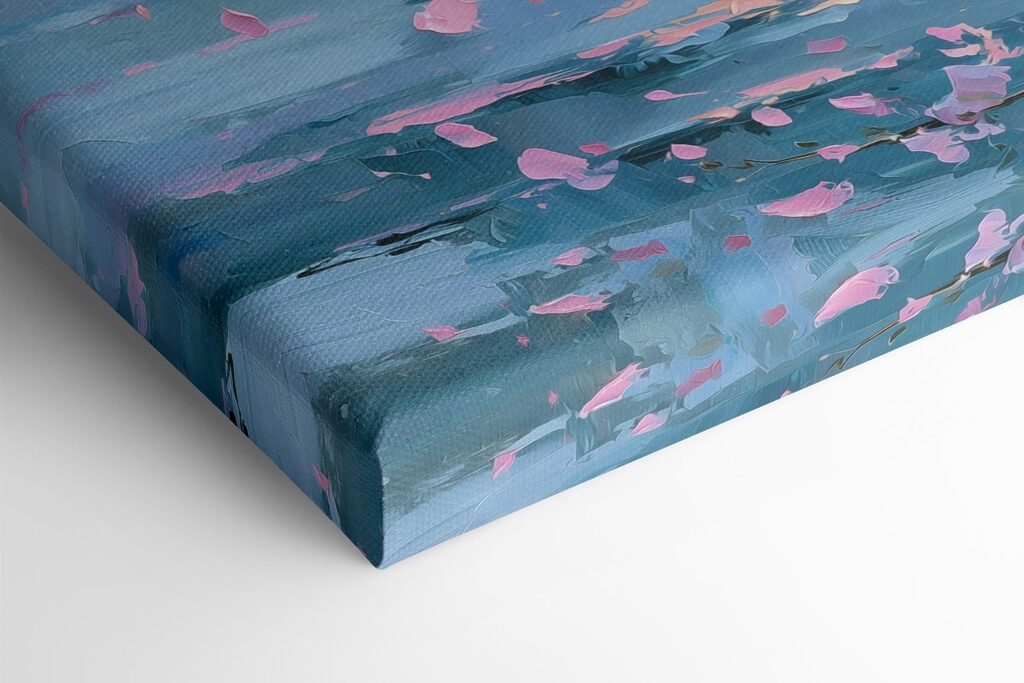 Painting of a sailboat on a calm body of water with pink flowers