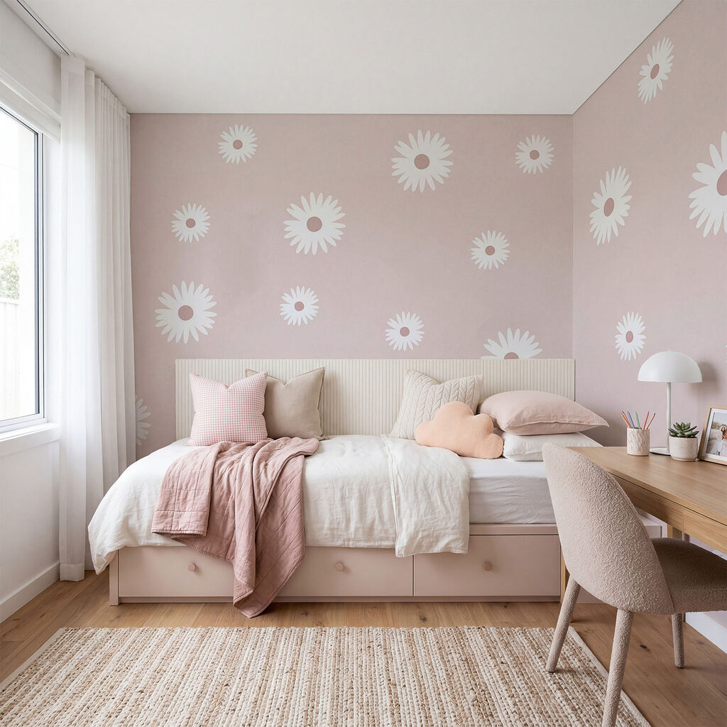 Des fleurs blanches sur fond rose