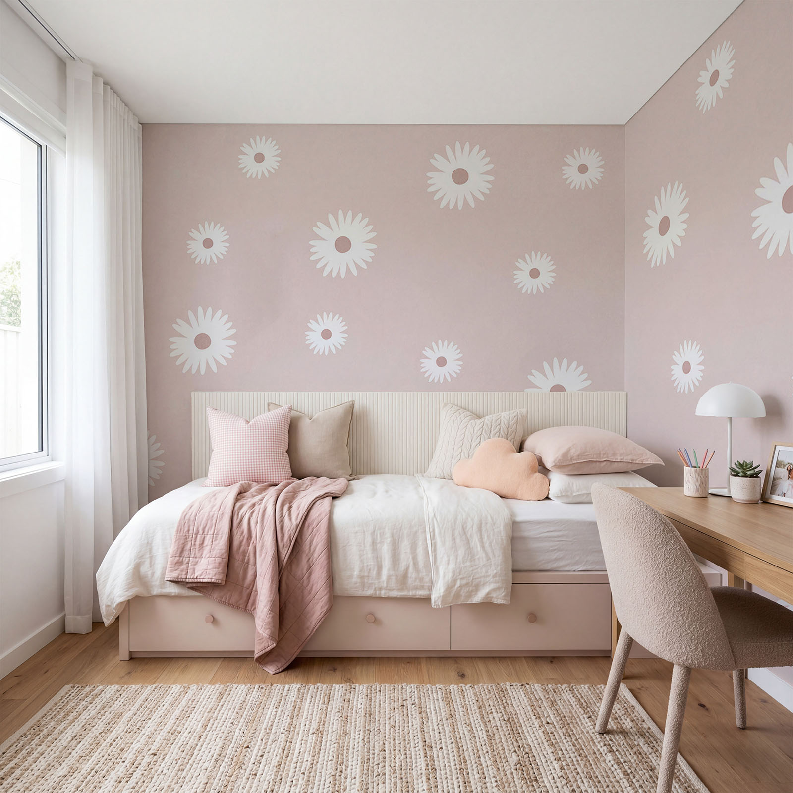Des fleurs blanches sur fond rose
