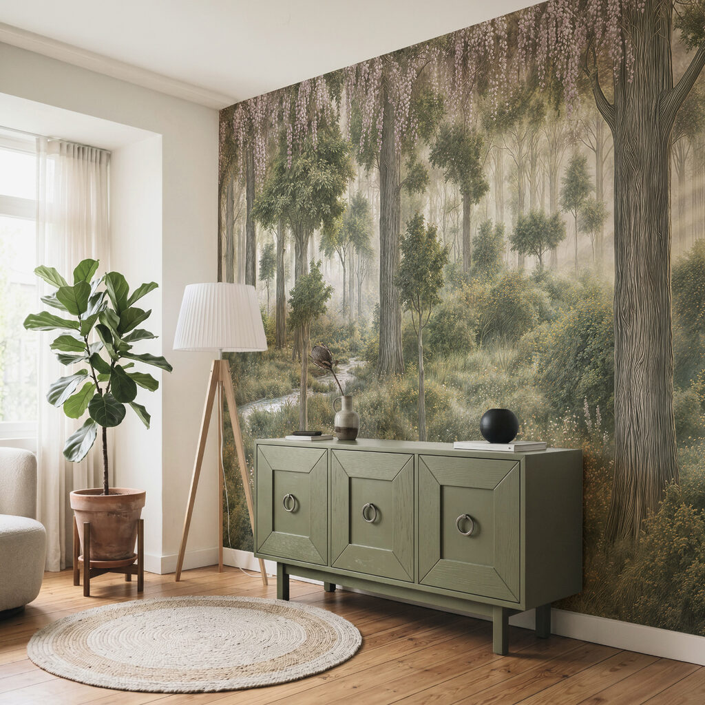 Peinture représentant une forêt avec des arbres et des plantes Peinture représentant une forêt avec des arbres et des plantes