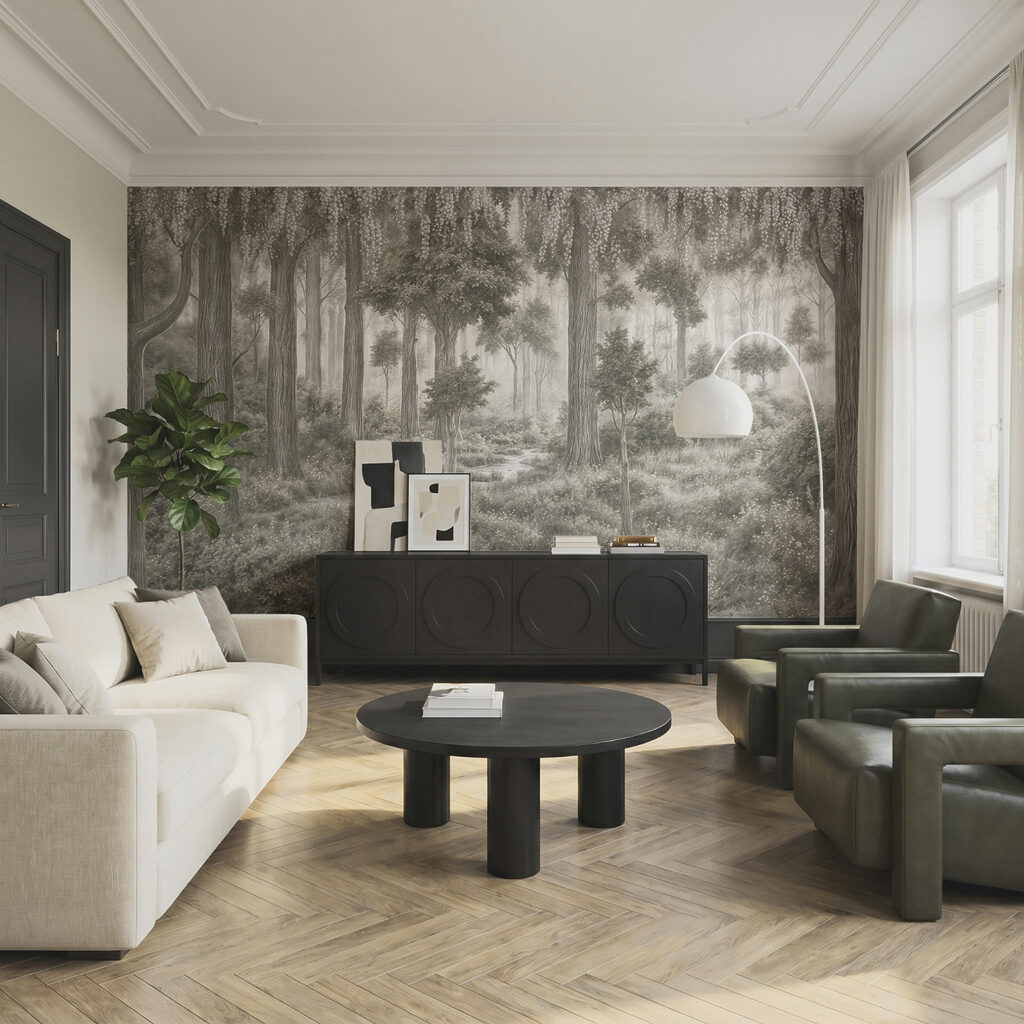 Peinture représentant une forêt avec des arbres et des plantes Peinture représentant une forêt avec des arbres et des plantes