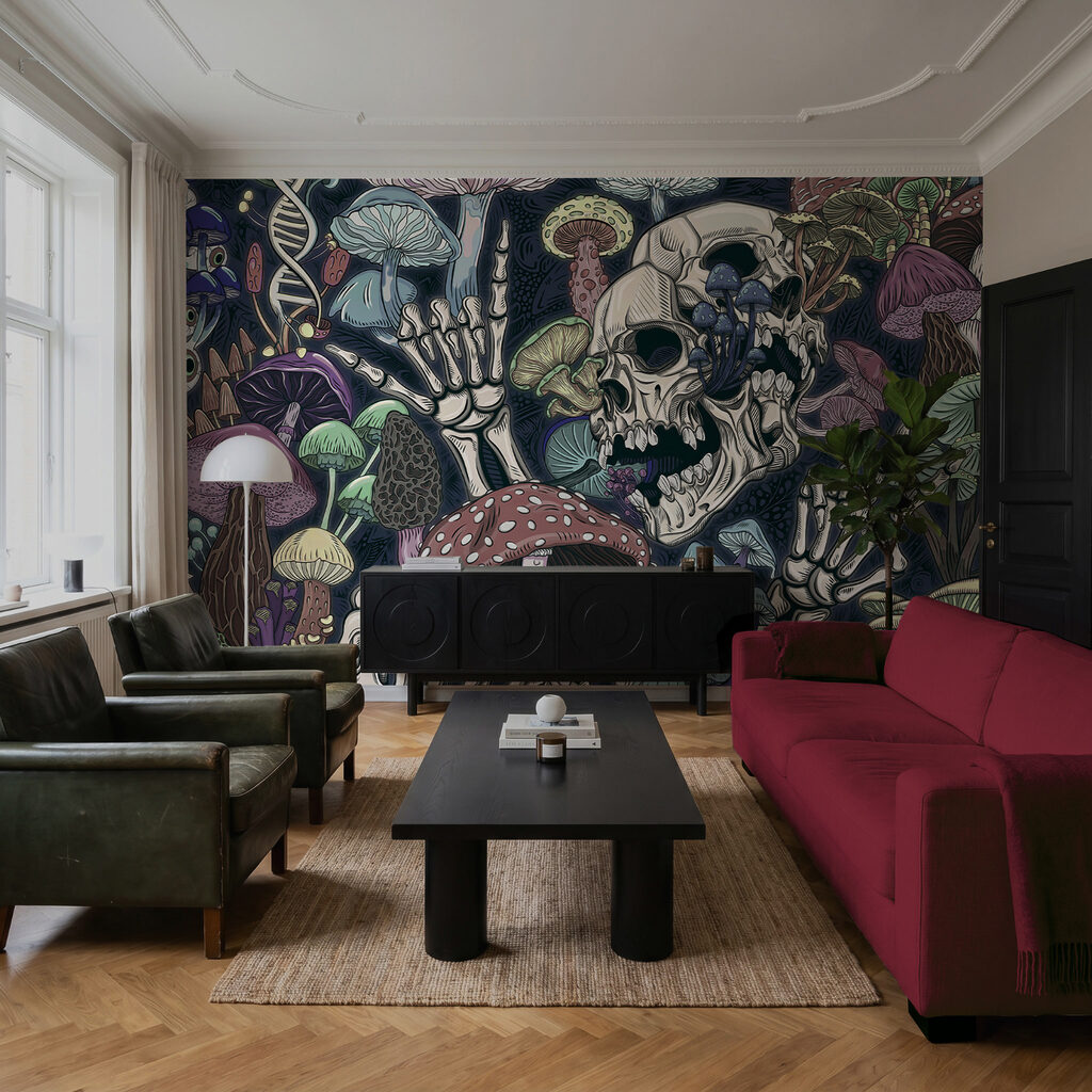 Un squelette et des champignons, avec une main Un squelette et des champignons, avec une main