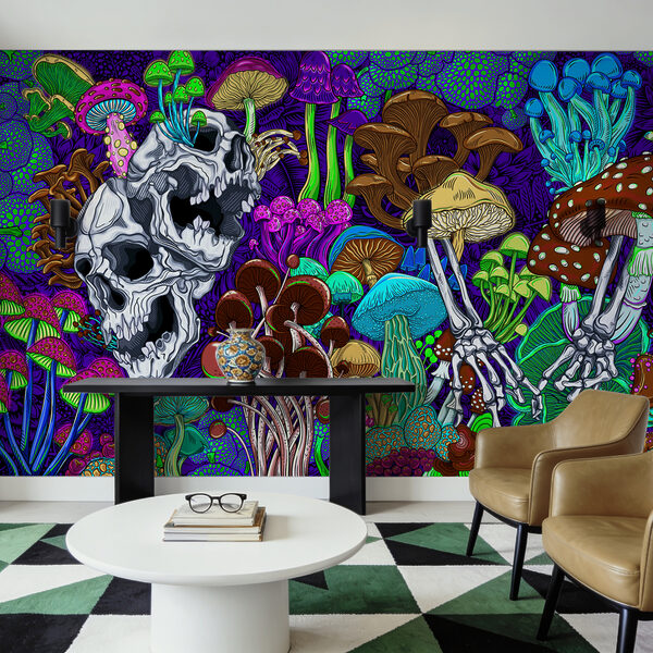 Art coloré représentant des champignons et des crânes Art coloré représentant des champignons et des crânes