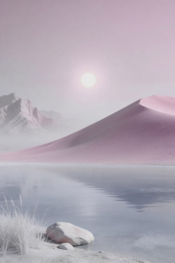 Pink sand dune next to a body of water Pink sand dune next to a body of water