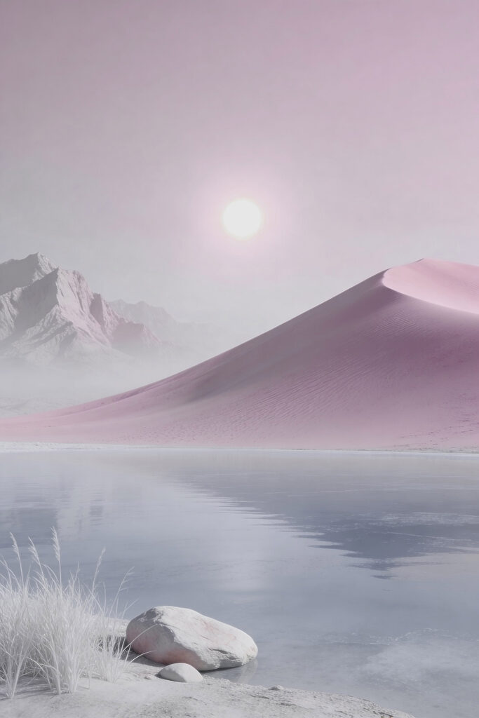 Pink sand dune next to a body of water Pink sand dune next to a body of water