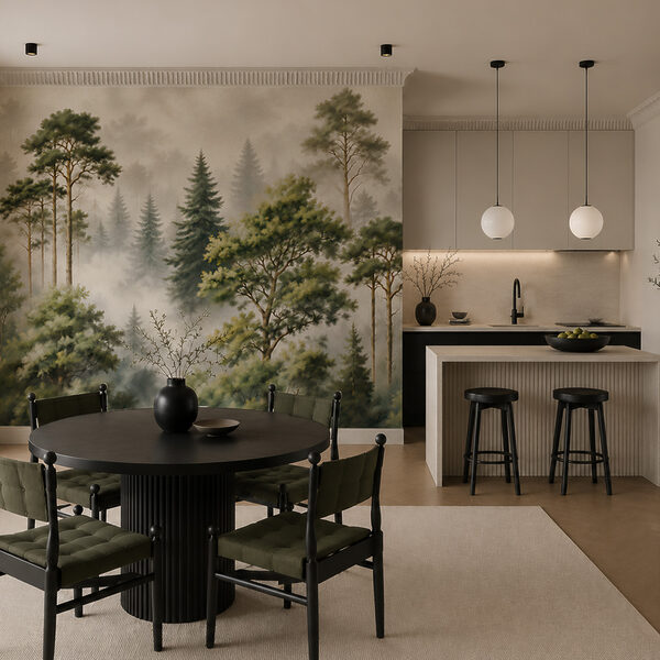 Forêt brumeuse avec des arbres Forêt brumeuse avec des arbres