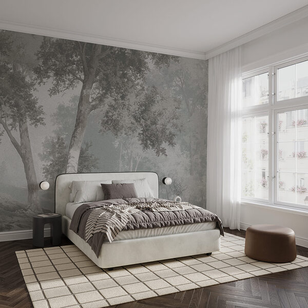 Paysage gris et blanc avec des arbres et une rivière Paysage gris et blanc avec des arbres et une rivière