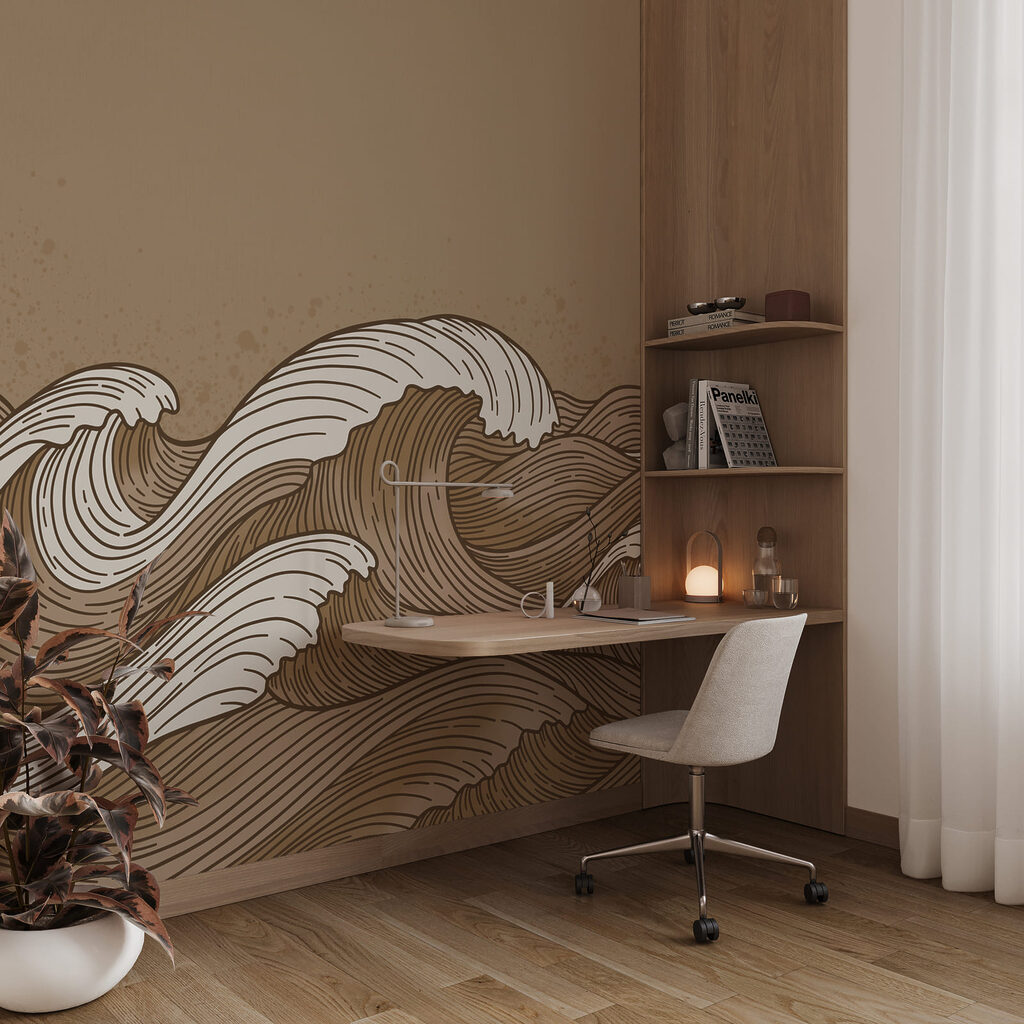 Dessin représentant des vagues en marron et blanc Dessin représentant des vagues en marron et blanc